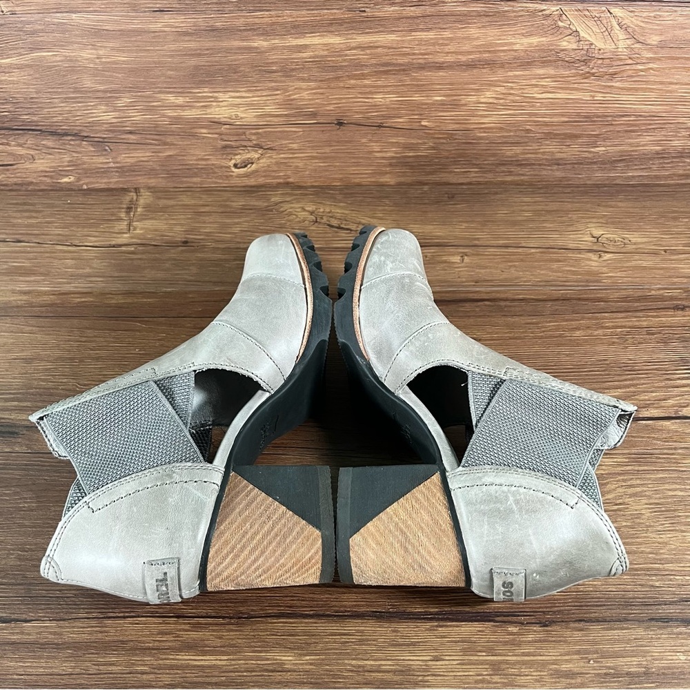 Sorel Gray Leather Cutout Ankle Booties with Wood-Block Heel - Picture 3 of 11